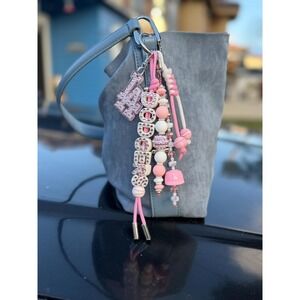 Pink LA Bseball Beaded Keychain, Cute Bag Charm, Handmade Keychain, Soft Chaos